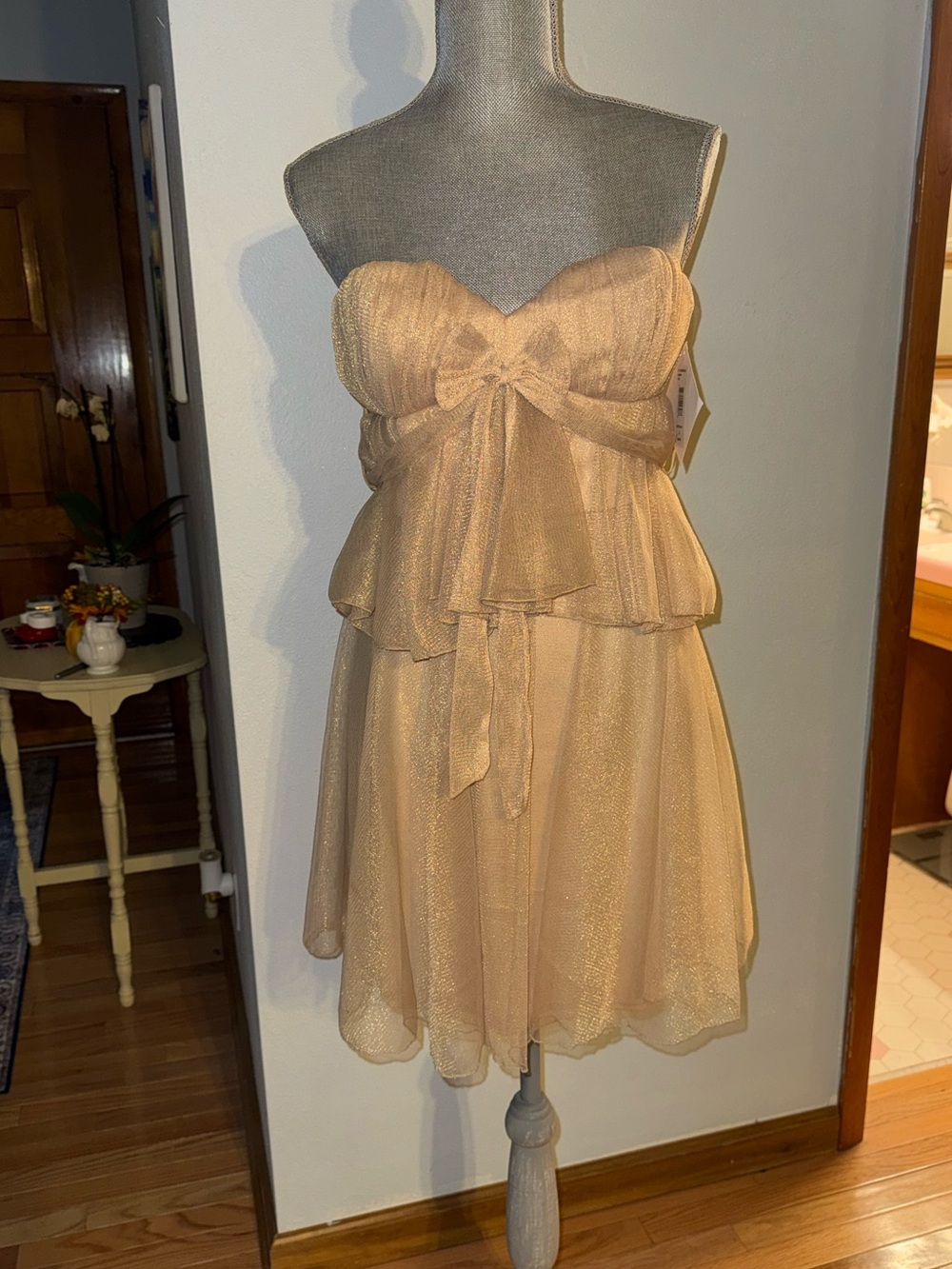 Marc and James x Badgley Mischka gold strapless A line dress